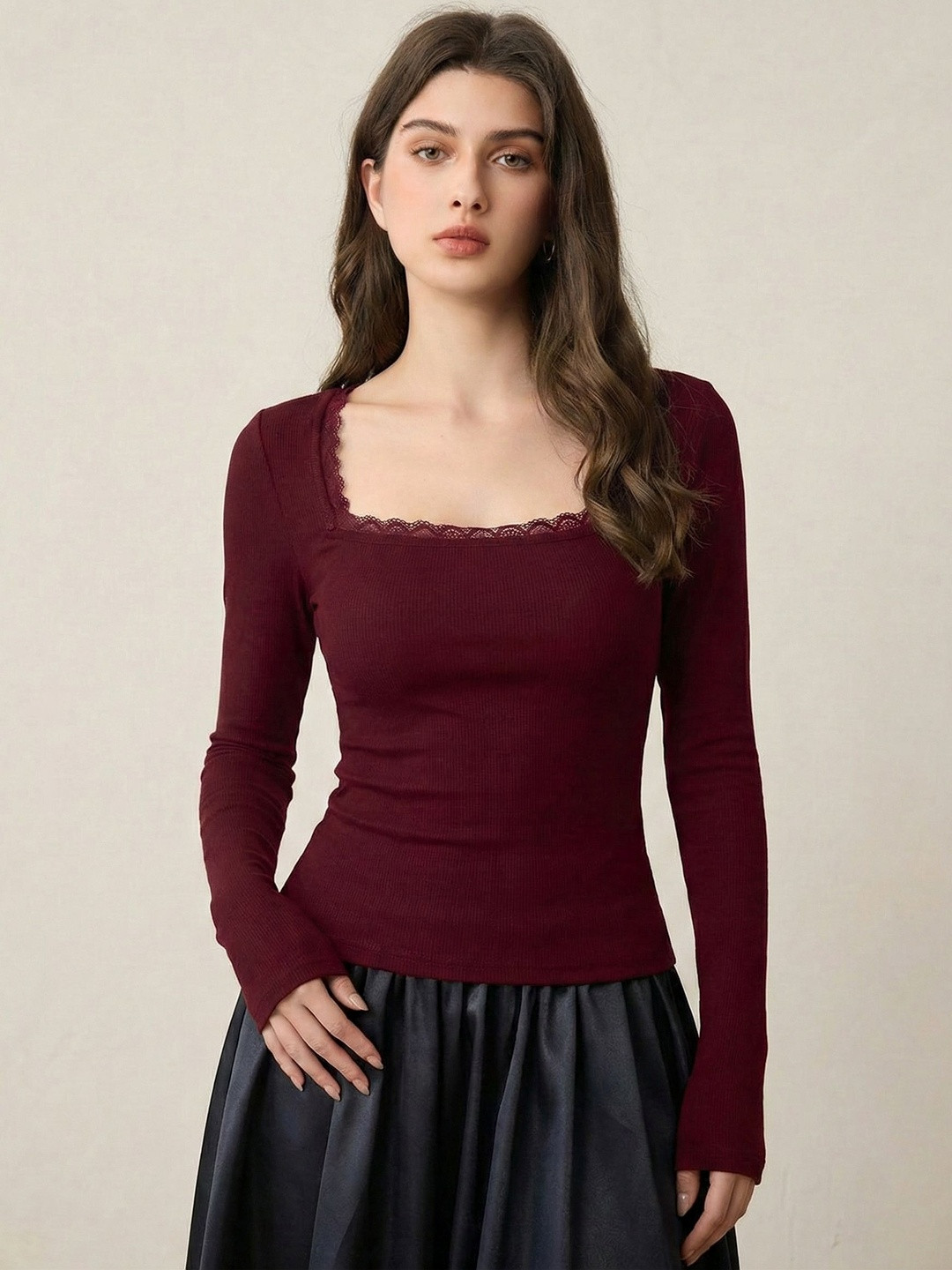 SZN Women's Lace Detail Square Neck Full Sleeve Top
