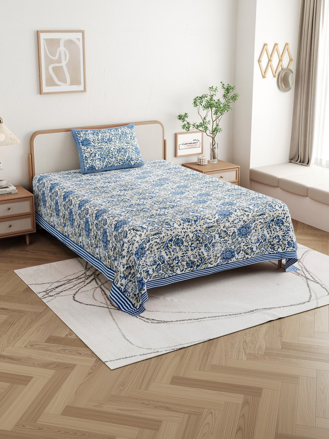 CLOTHOLOGY Indigo Royal Jaal The Gul-e-Bahar Collection Cotton Single Flat 180 TC Jaipuri Prints Bedsheet Set