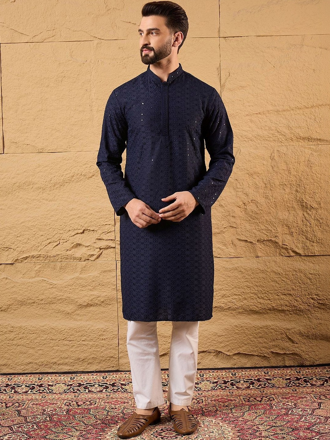 House of Pataudi Embroidered Mandarin Collar Kurta & Trousers