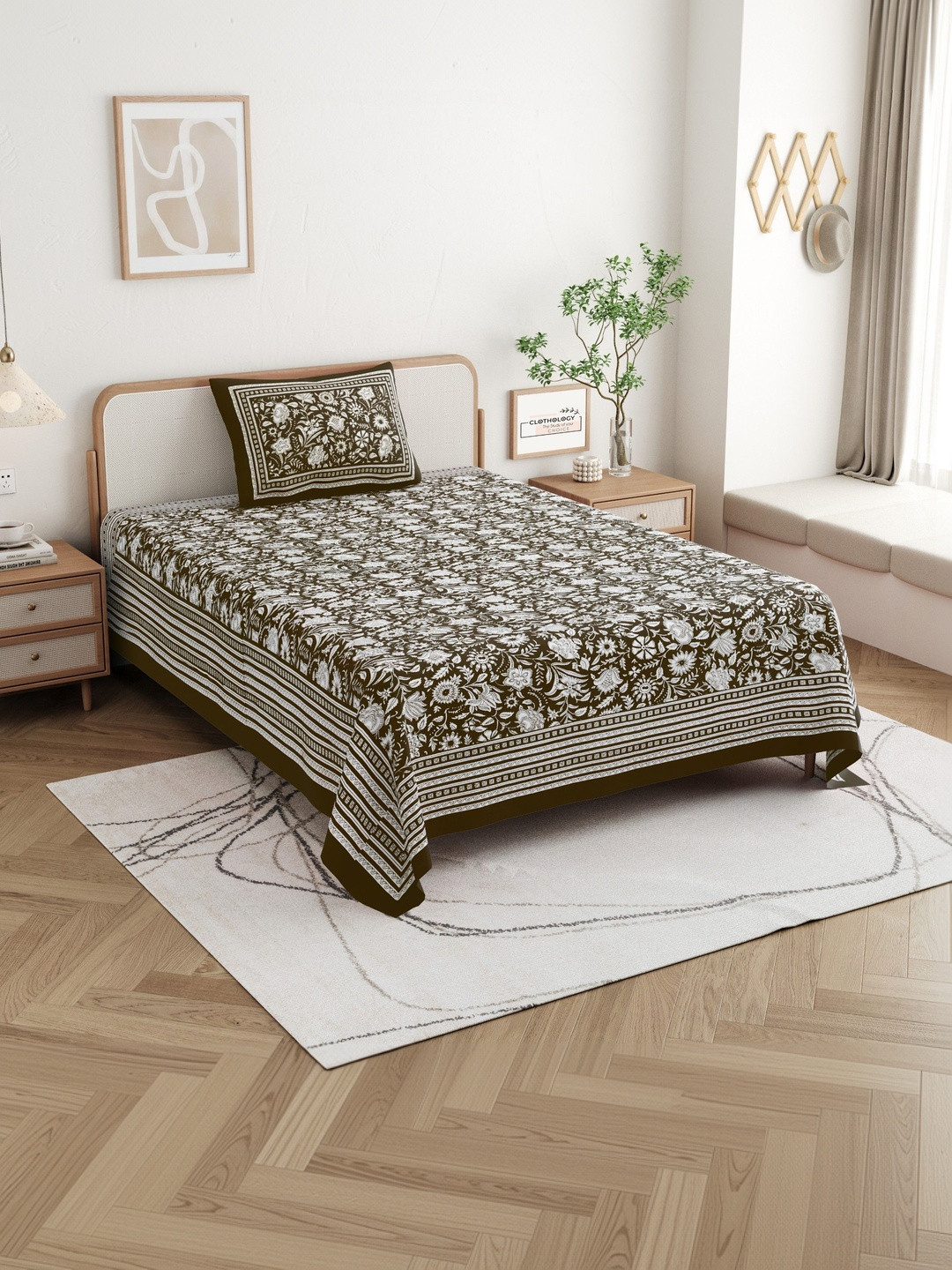 CLOTHOLOGY Coffee Brown Intricate Floral Jaal The Royal Bagh Edit Cotton Single Flat 180 TC Jaipuri Prints Bedsheet Set