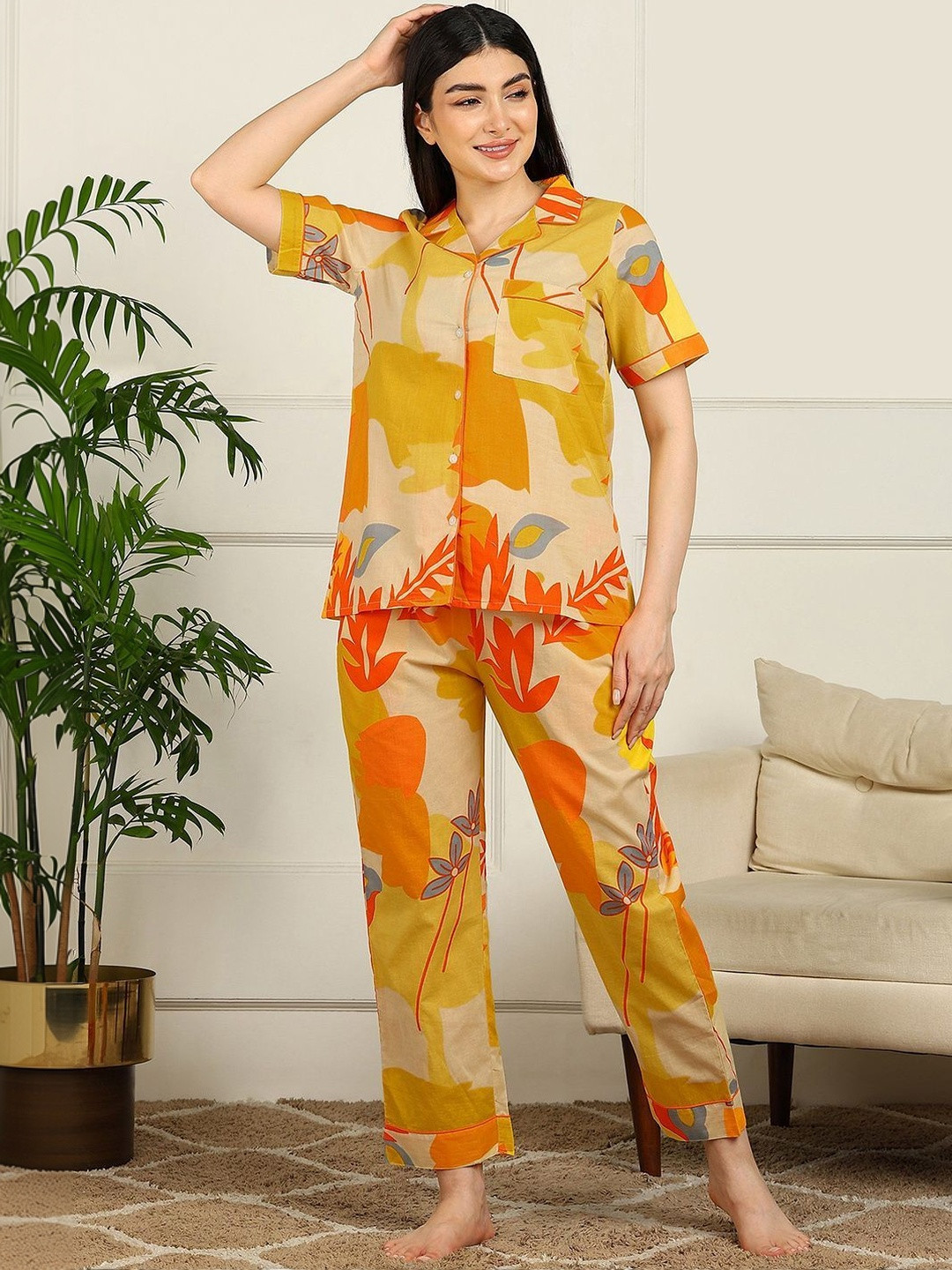 ELITRIX Women Abstract Printed Lapel Collar Night suit