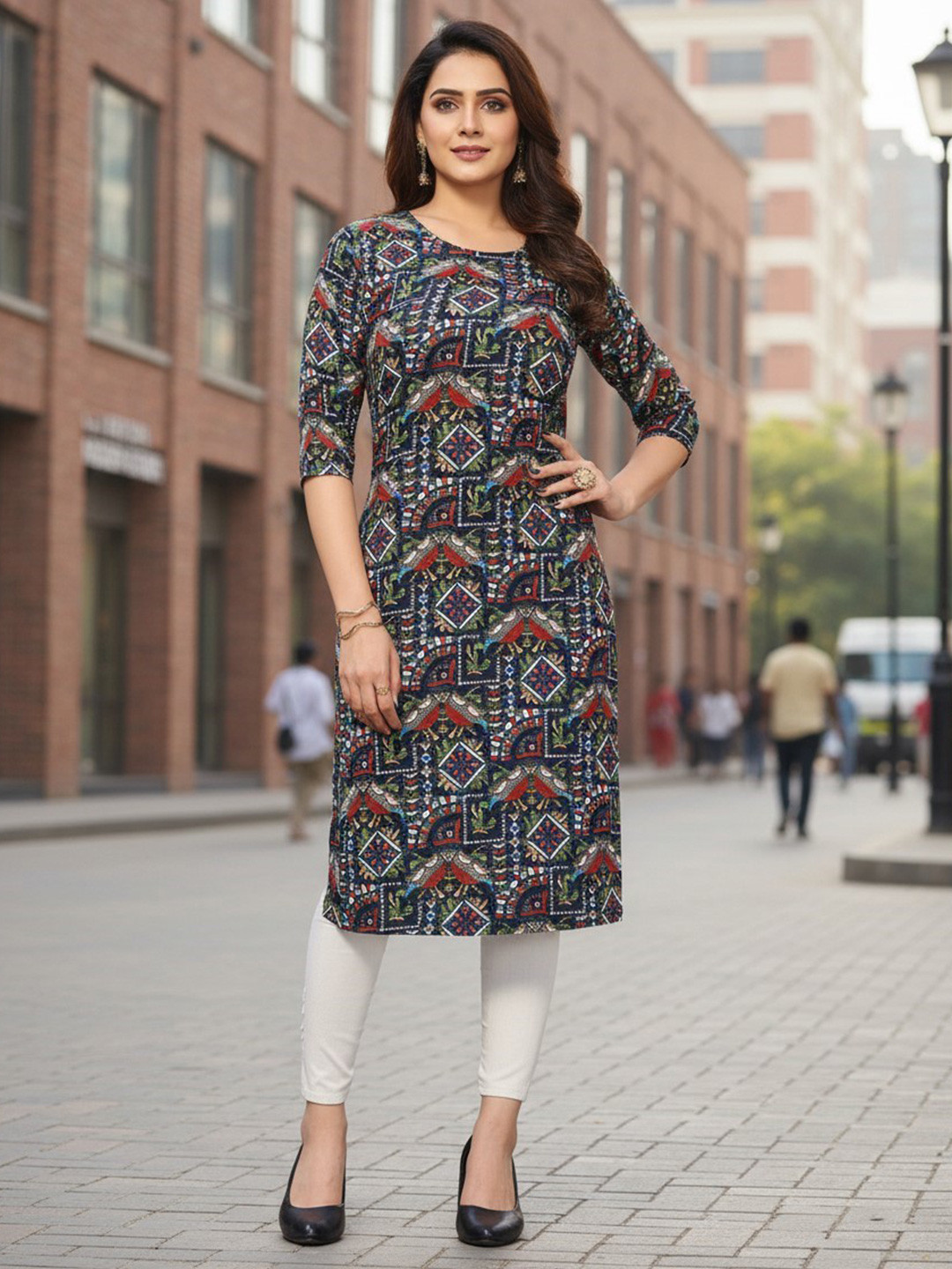 JANKHANA Women Geometric Printed Sequinned Crepe Kurta