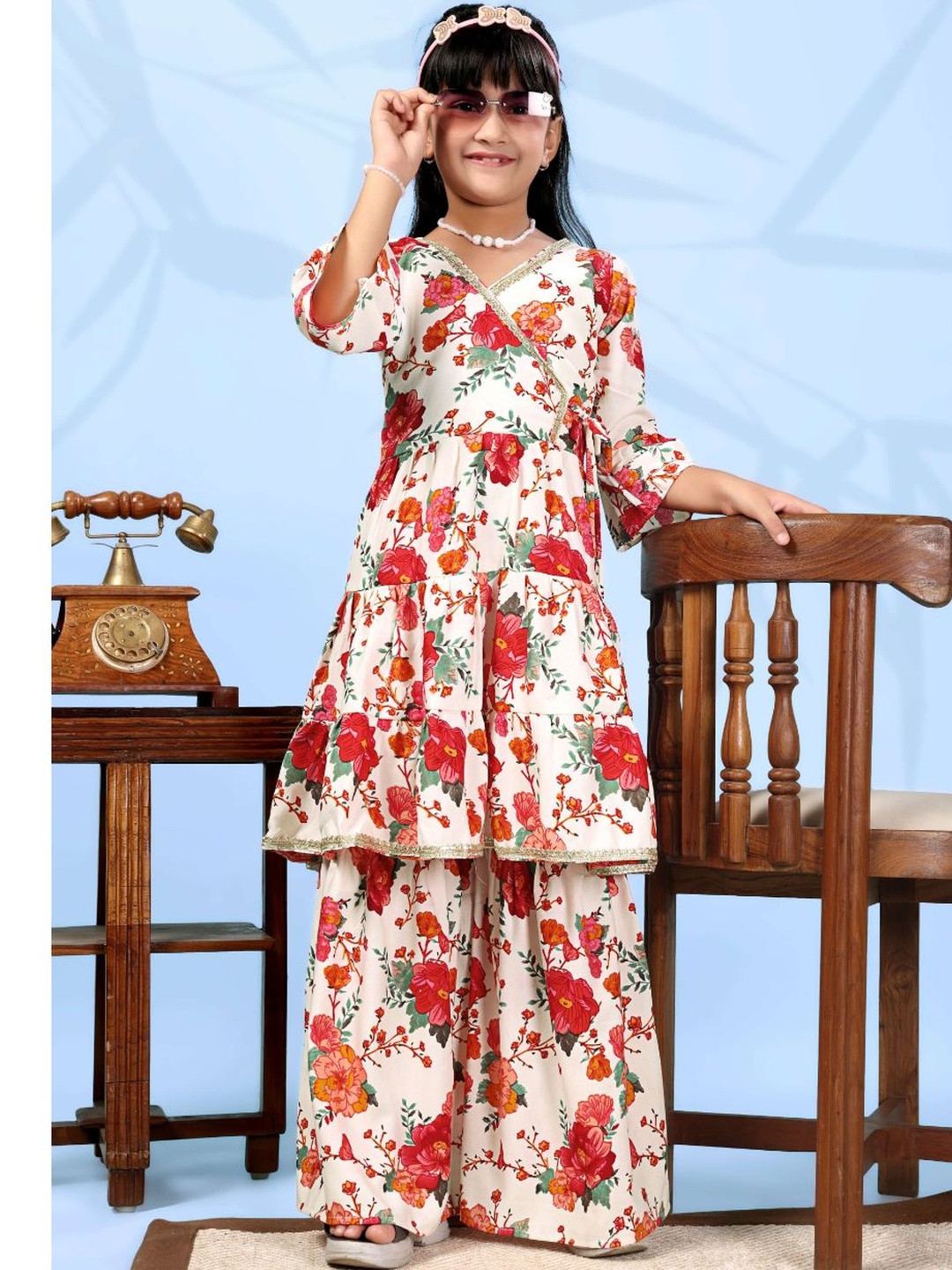 Sangria Girls Printed Pure Cotton V-Neck Kurta & Sharara Kurta Sets