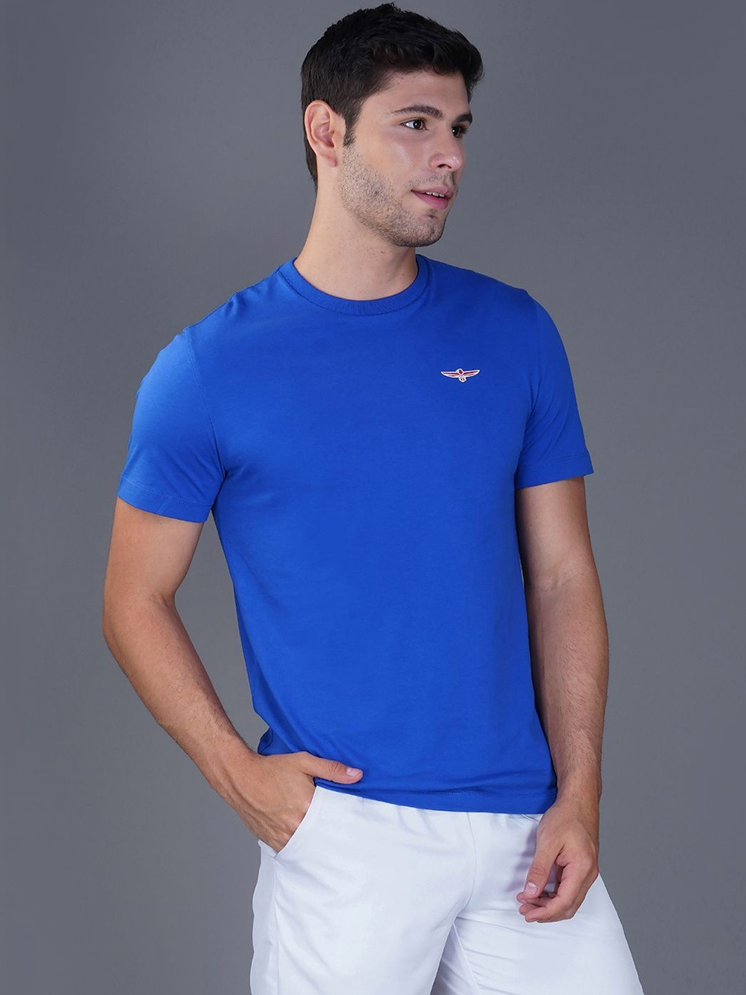 Zvezda Men Regular Fit Blue Round Neck Pure Cotton Solid T-Shirt