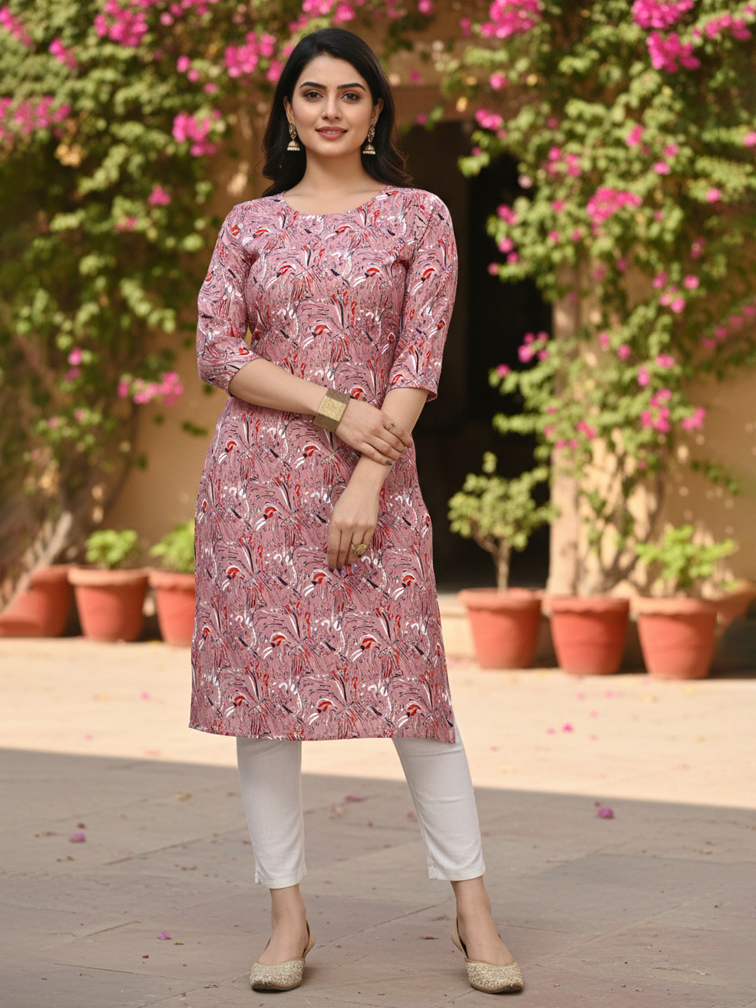 JANKHANA Women Floral Printed Chikankari Crepe Kurta