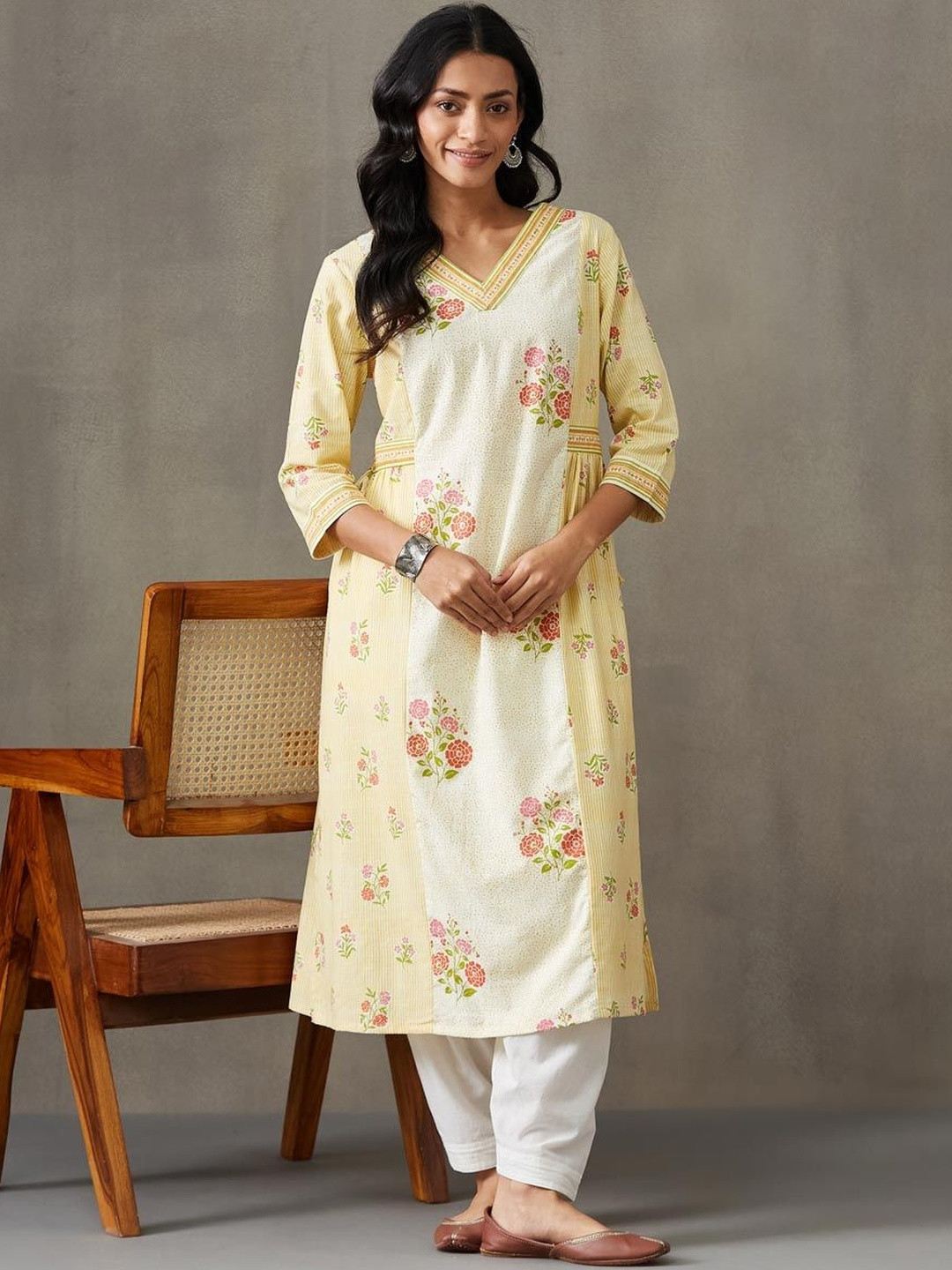 Fabindia Beige Cotton Printed Long Kurta