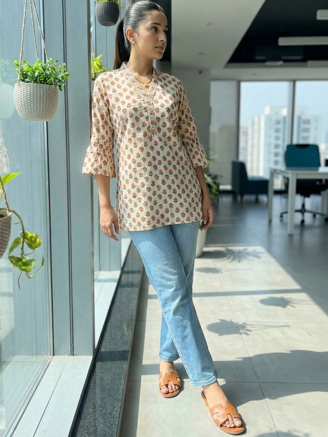 Roly Poly Botanical Printed Flared Sleeves Thread Work Pure Cotton Thread Work Kurti