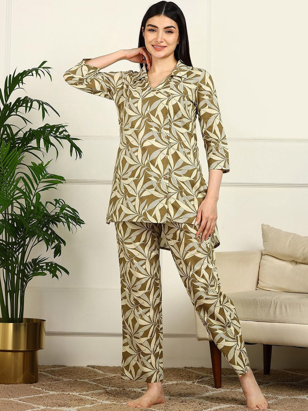 ELITRIX Women Printed Shirt Collar Night suit