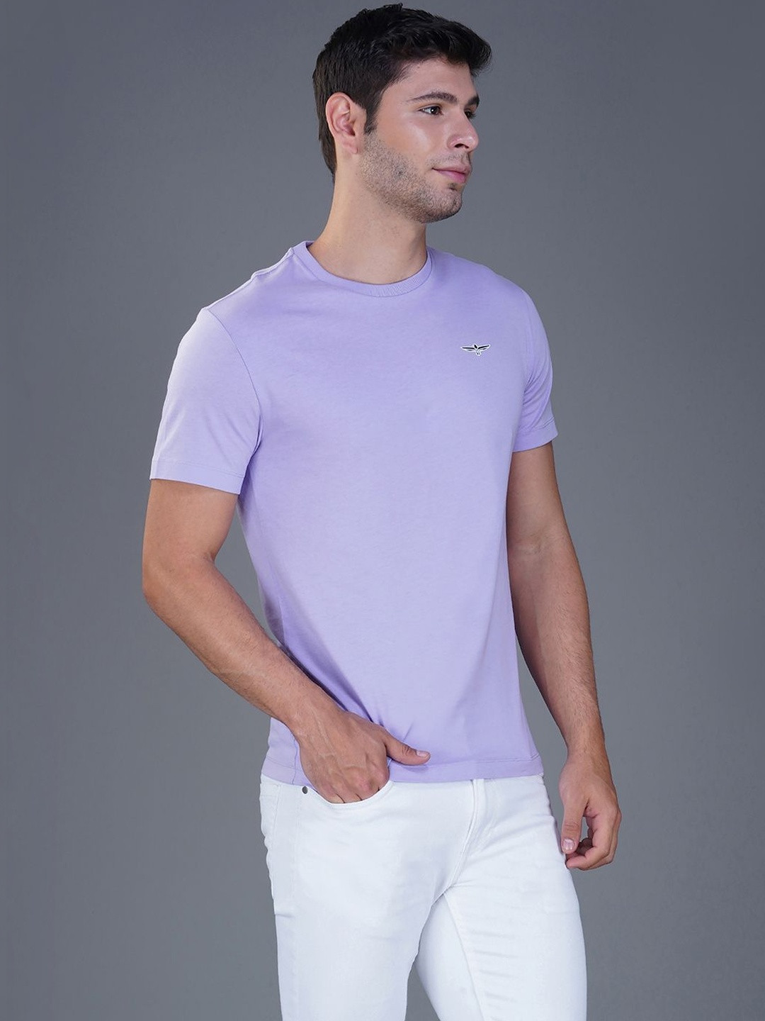 Zvezda Men Regular Fit Lavender Round Neck Pure Cotton Solid T-Shirt