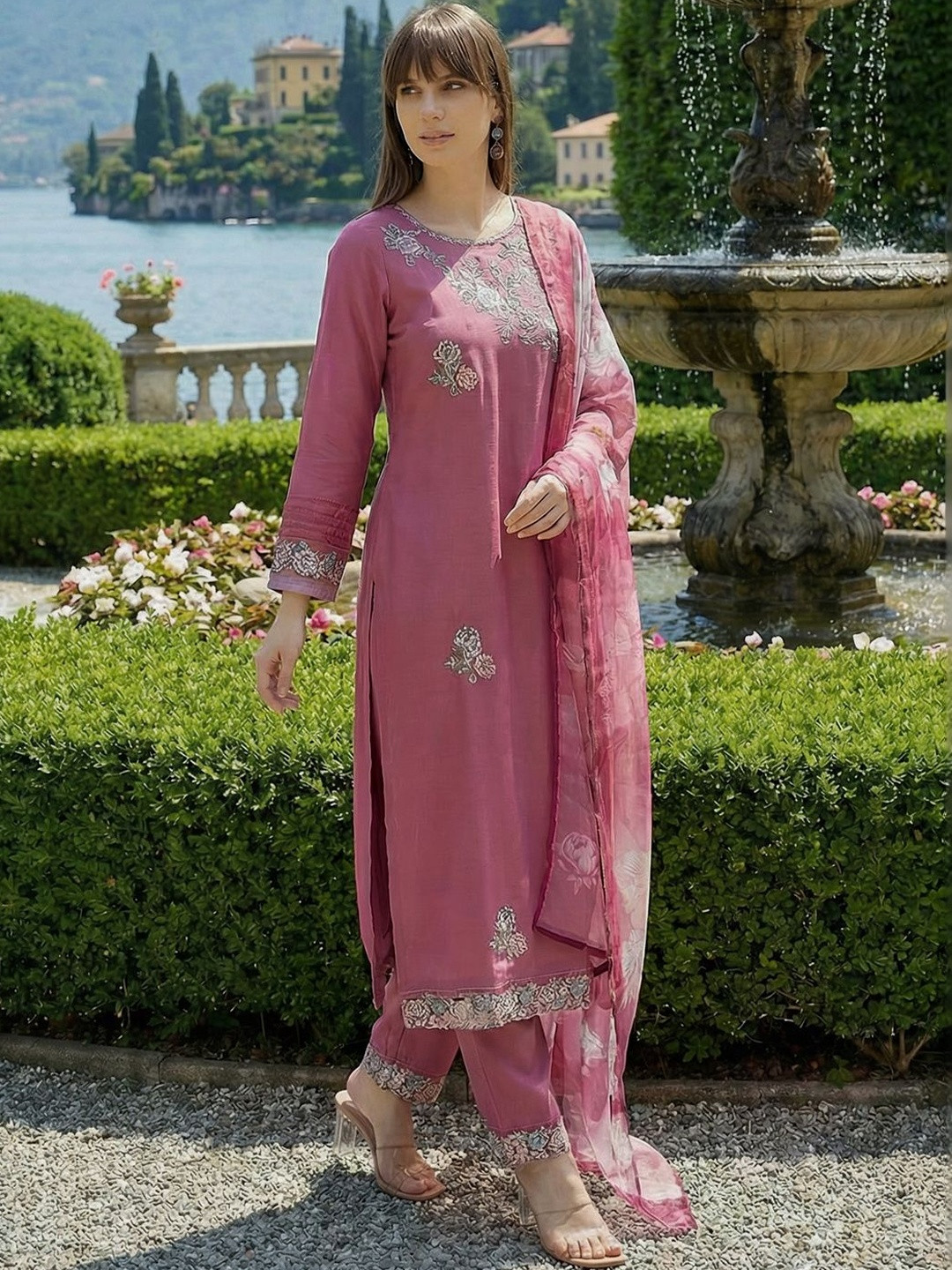 Indo Era Women Floral Embroidered Regular Thread Work Kurta with Trousers & With Dupatta