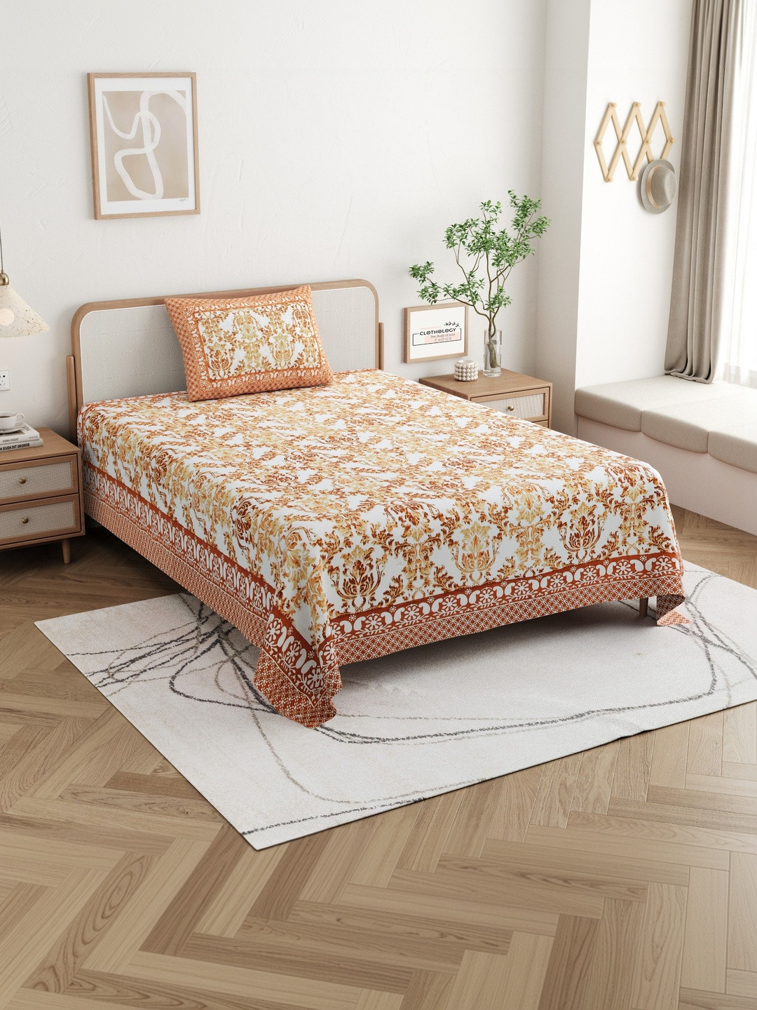 CLOTHOLOGY Spiced Orange Damask The Royal Bagh Edit Cotton Single Flat 180 TC Jaipuri Prints Bedsheet Set