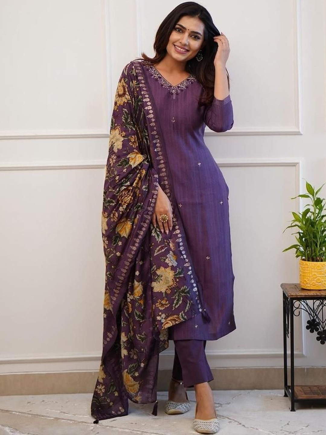 MST Women Ethnic Motifs Regular Thread Work Kurta with Trousers & With Dupatta