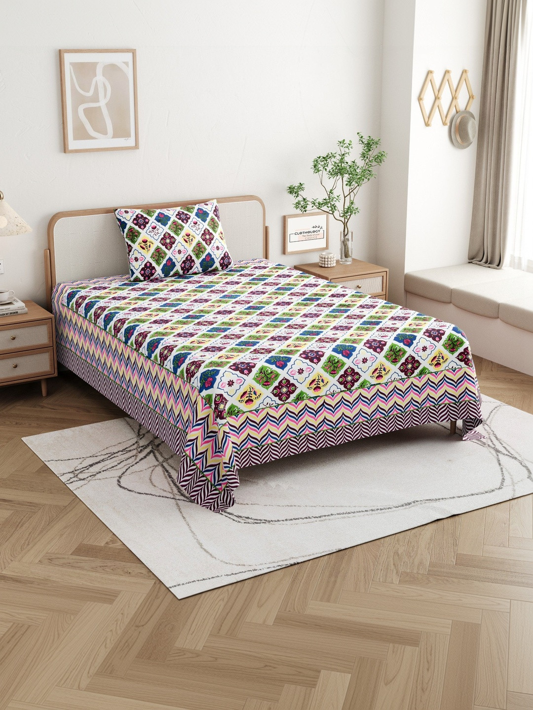CLOTHOLOGY Vibrant Multicolor Bagh Motif The Haveli Mosaic Edit Cotton Single Flat 180 TC Jaipuri Prints Bedsheet Set