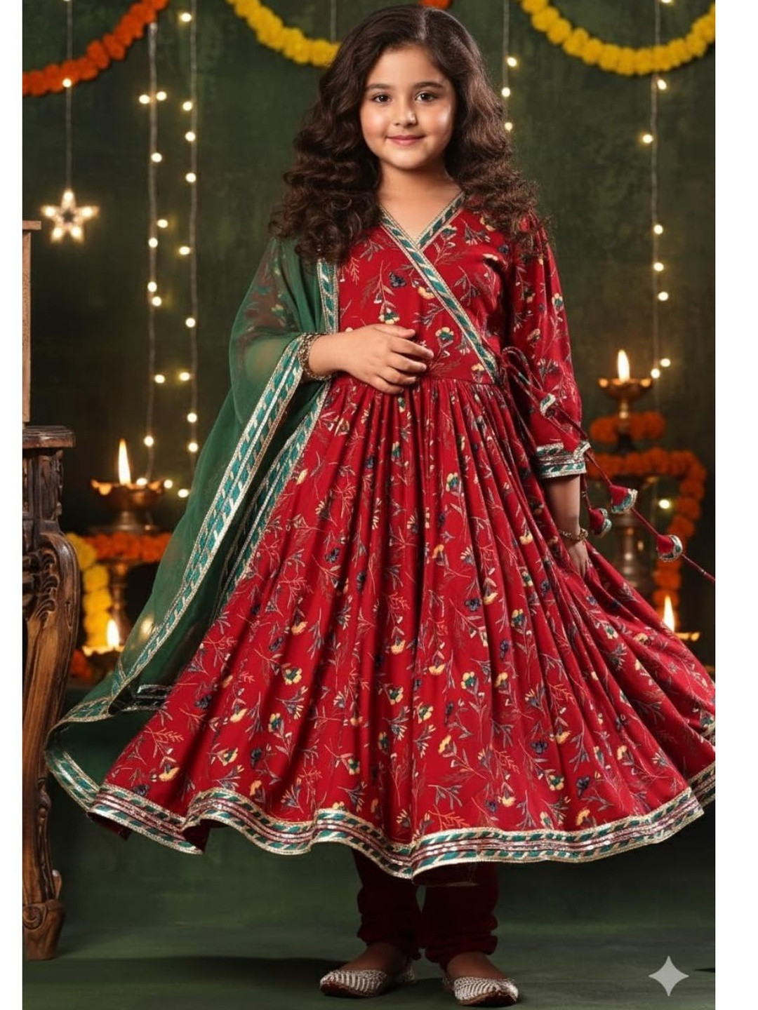 Sangria Girls Printed Cotton V-Neck Kurta Trousers & Dupatta