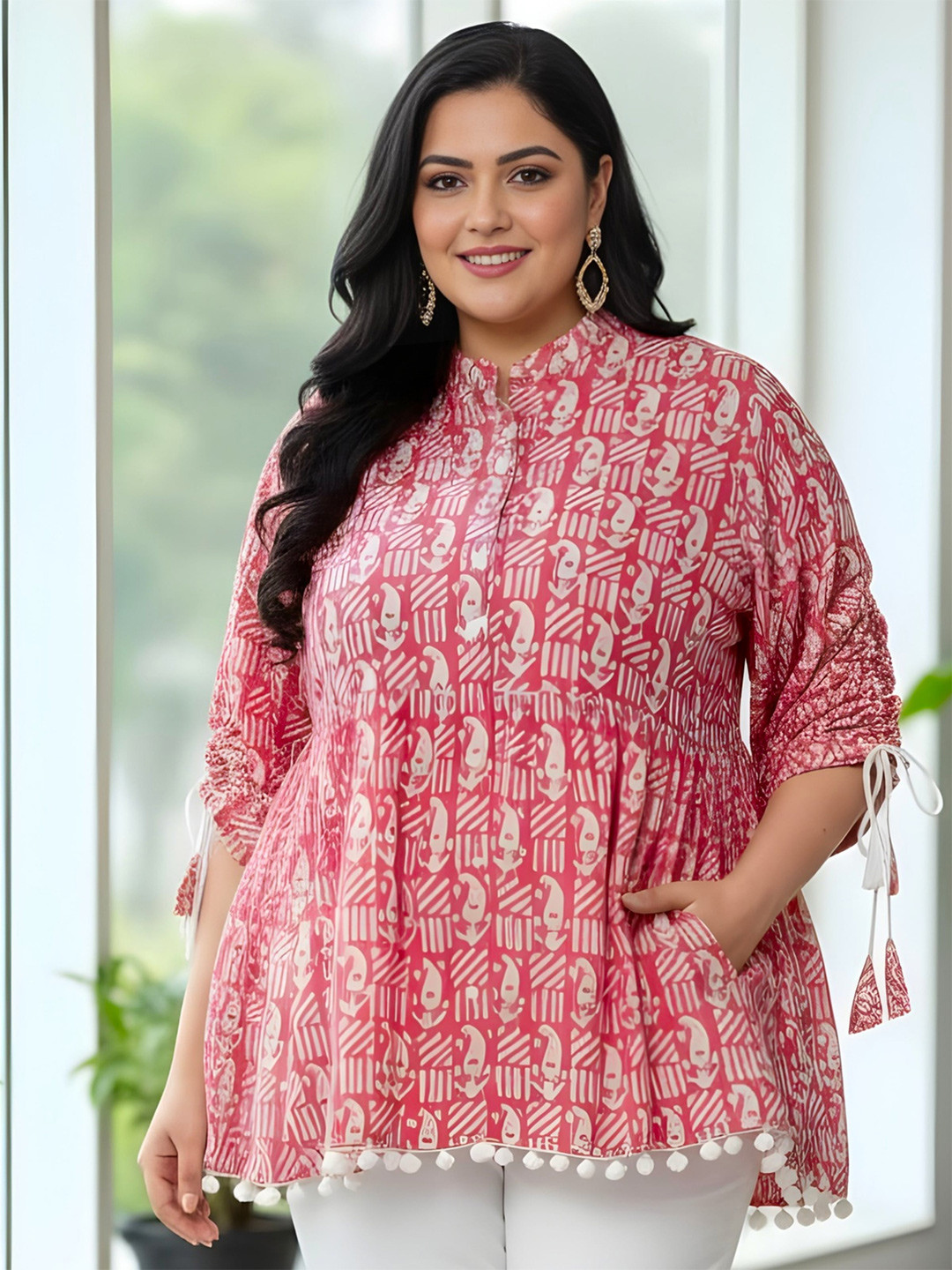 Indietoga Plus Size Ethnic Printed Mandarin Collar Tie-Ups Detail Pure Cotton Printed