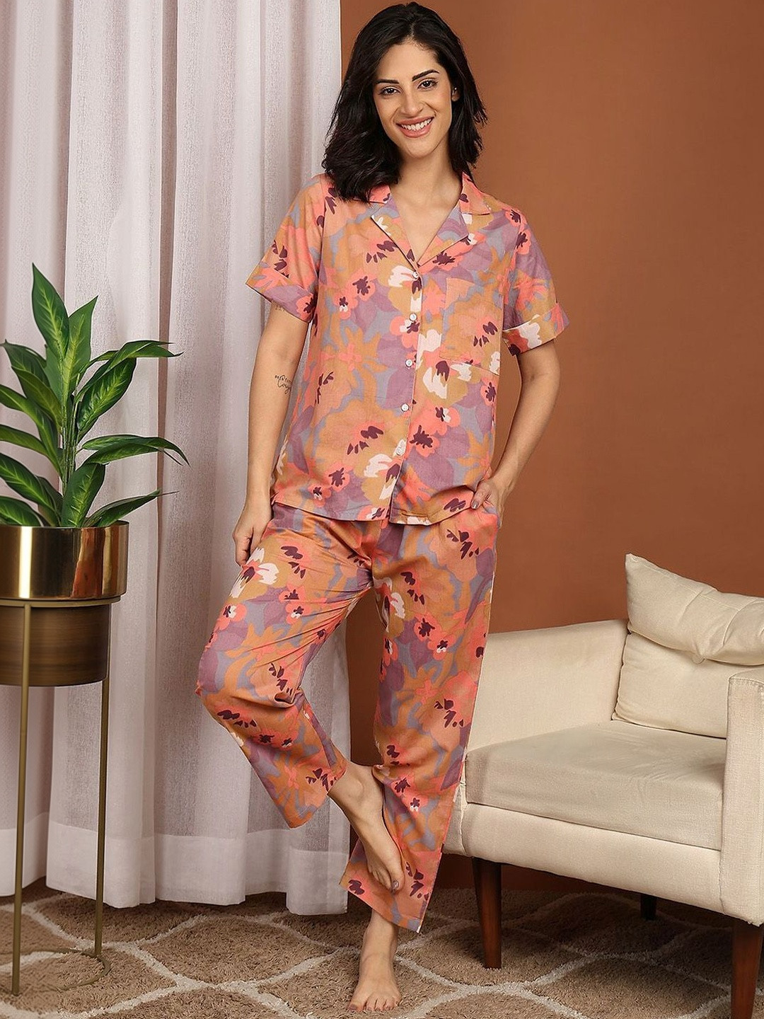 ELITRIX Women Abstract Printed Lapel Collar Pure Cotton Night suit