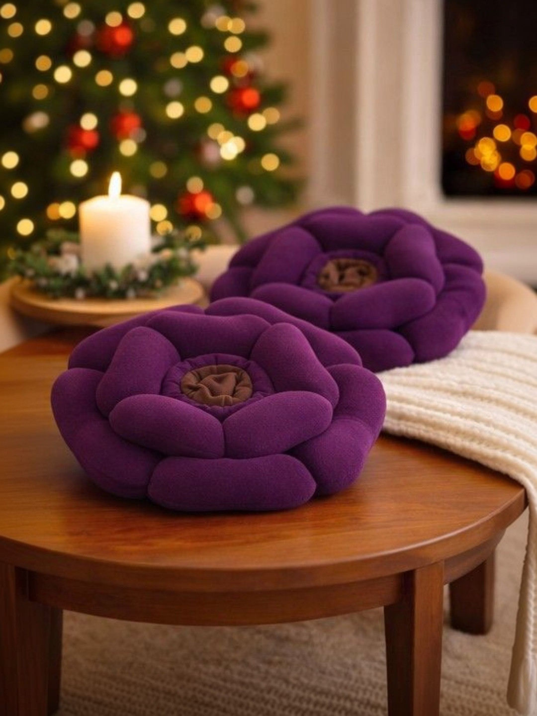 Aura 2Pcs Purple & Brown Flower-Shaped Pre-Filled Cushions