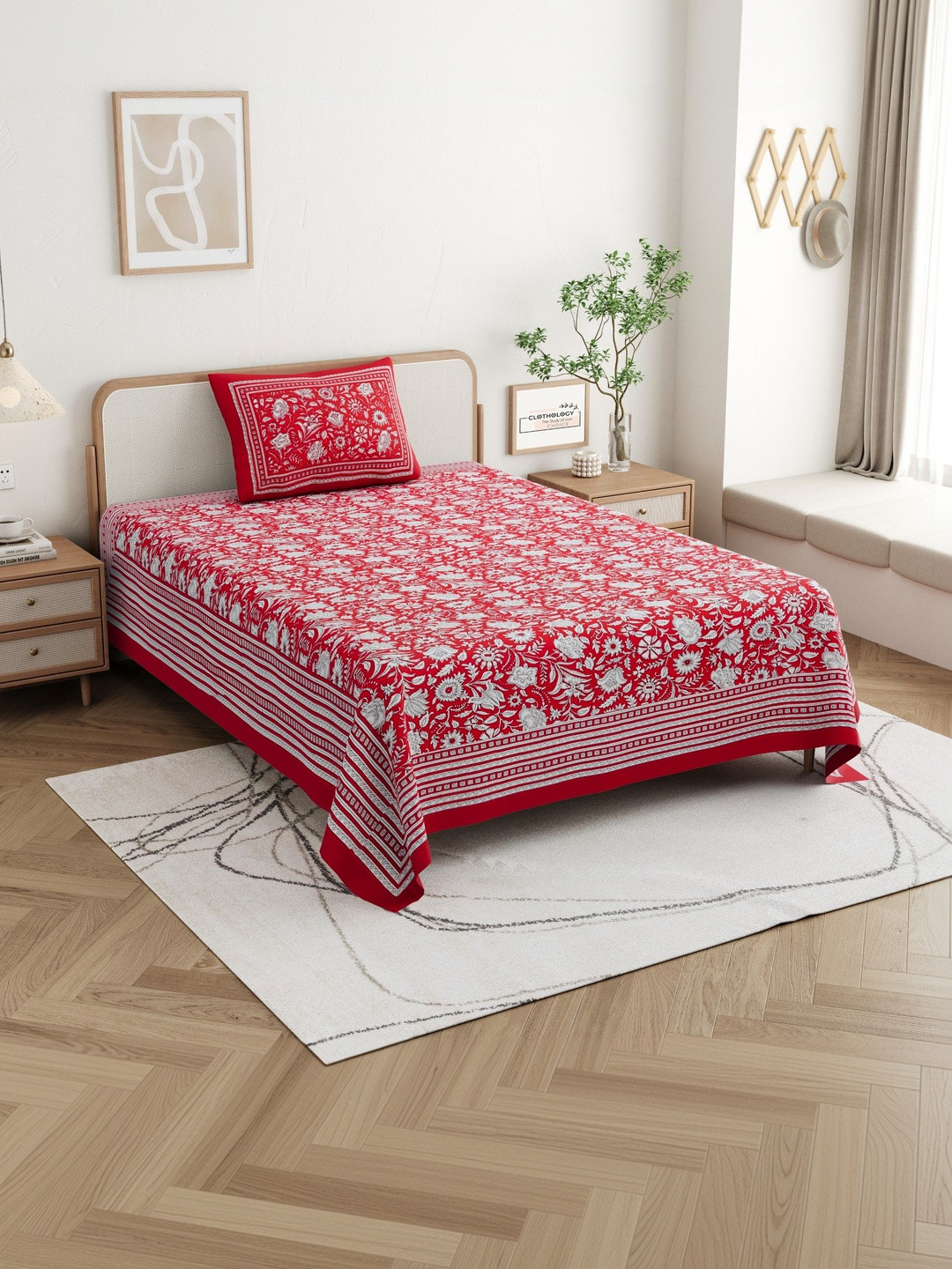 CLOTHOLOGY Crimson Red Intricate Floral Jaal The Royal Bagh Edit Cotton Single Flat 180 TC Jaipuri Prints Bedsheet Set