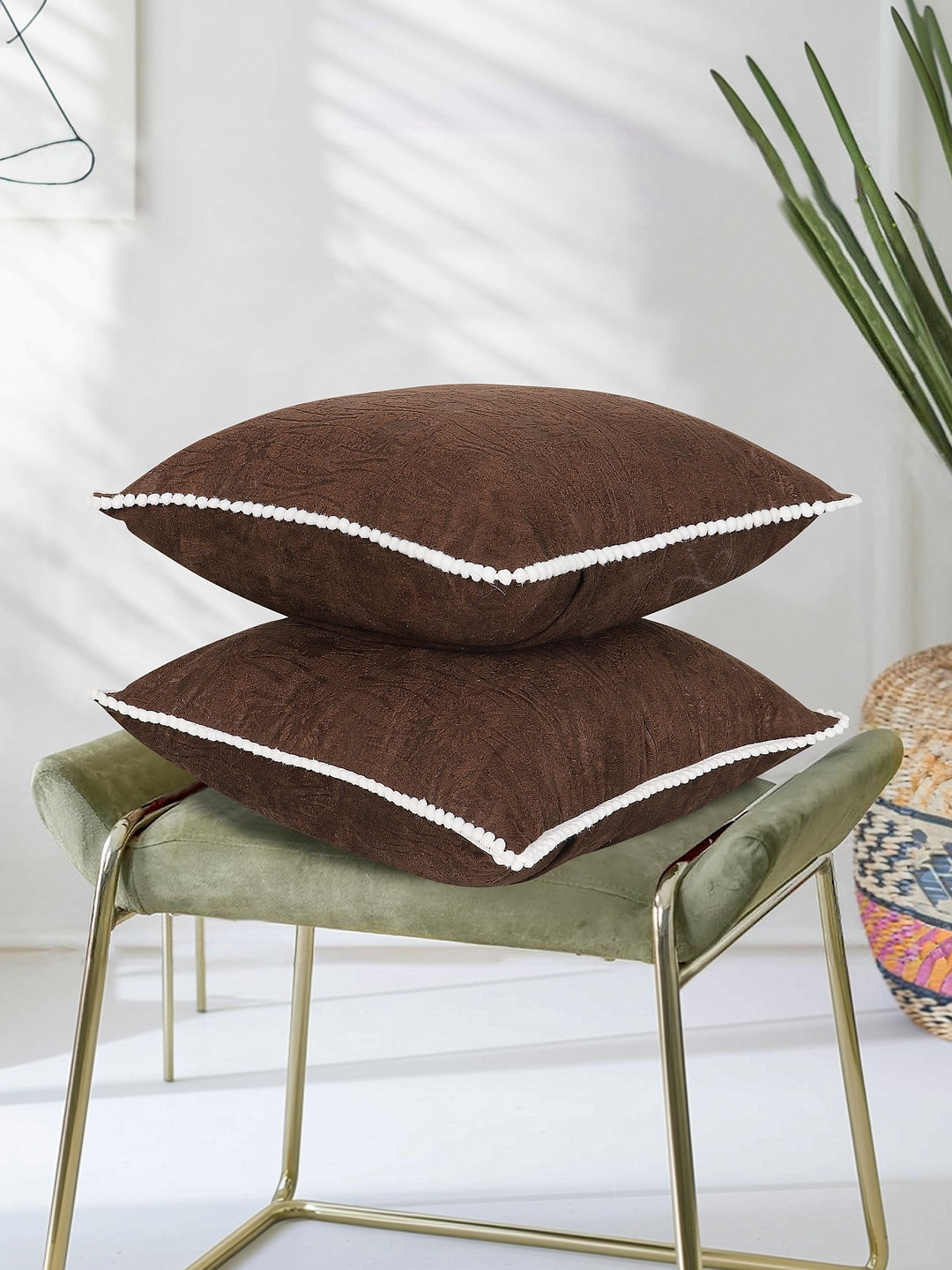 RD TREND Coffee Set of 2 Square Velvet Cushion Covers With Pom Pom 18x18 inch