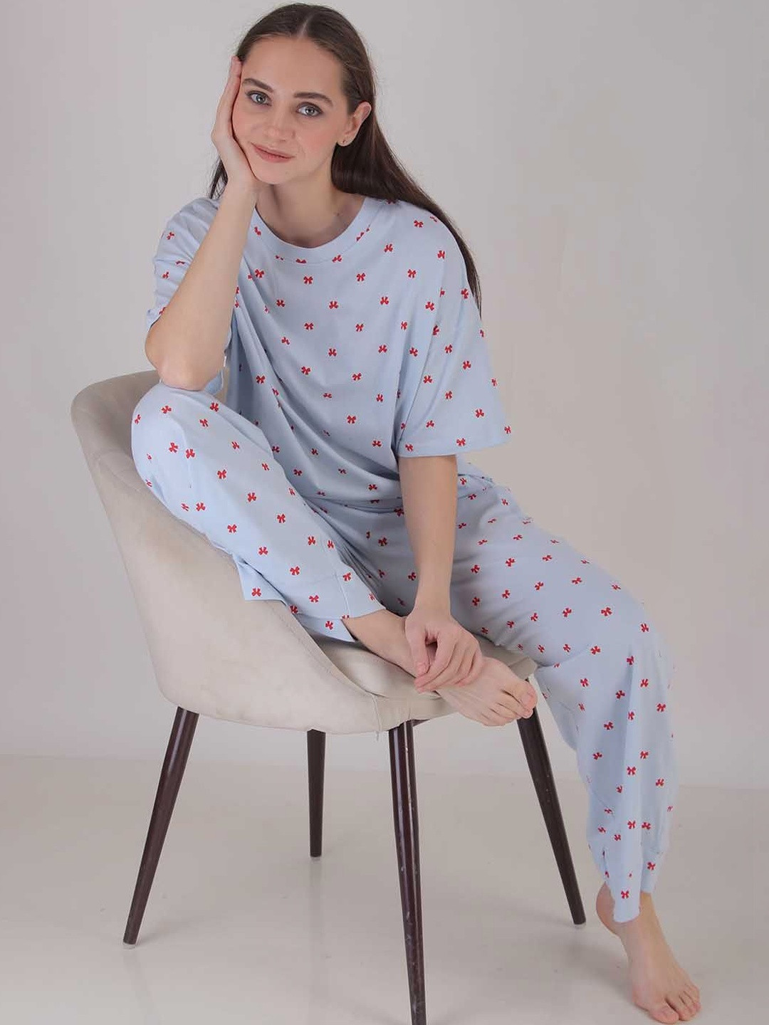 Masha Women Bow Me Printed Oversized Cotton Night suit