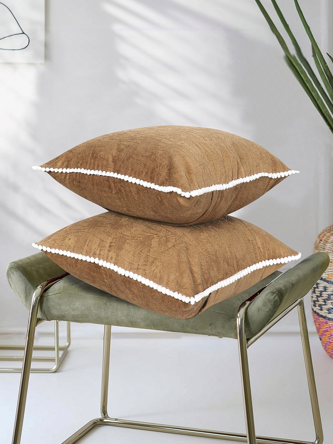 RD TREND Beige-Gold Set of 2 Square Velvet Cushion Covers With Pom Pom 16x16 inch