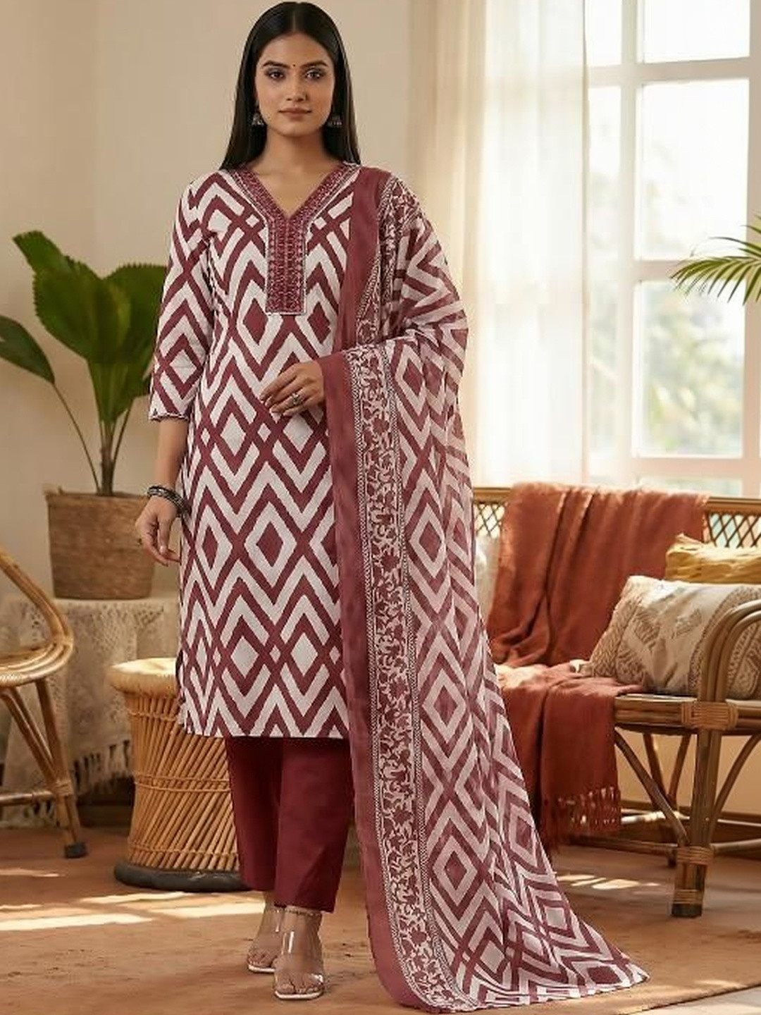 OPIVE FASHION HUB Women Printed Regular Thread Work Pure Cotton Kurta with Trousers & With Dupatta