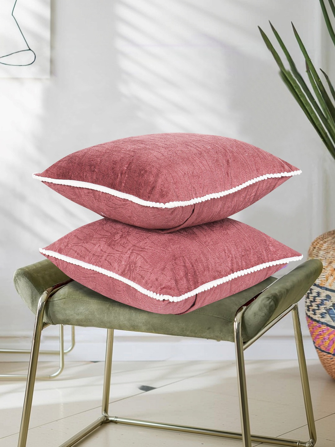 RD TREND Dusky-Pink Set of 2 Square Velvet Cushion Covers With Pom Pom 24x24 inch
