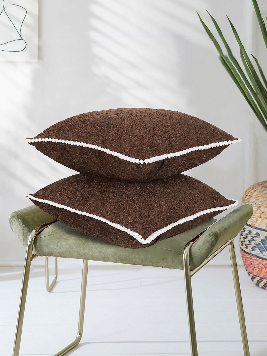 RD TREND Coffee Set of 2 Square Velvet Cushion Covers With Pom Pom 24x24 inch