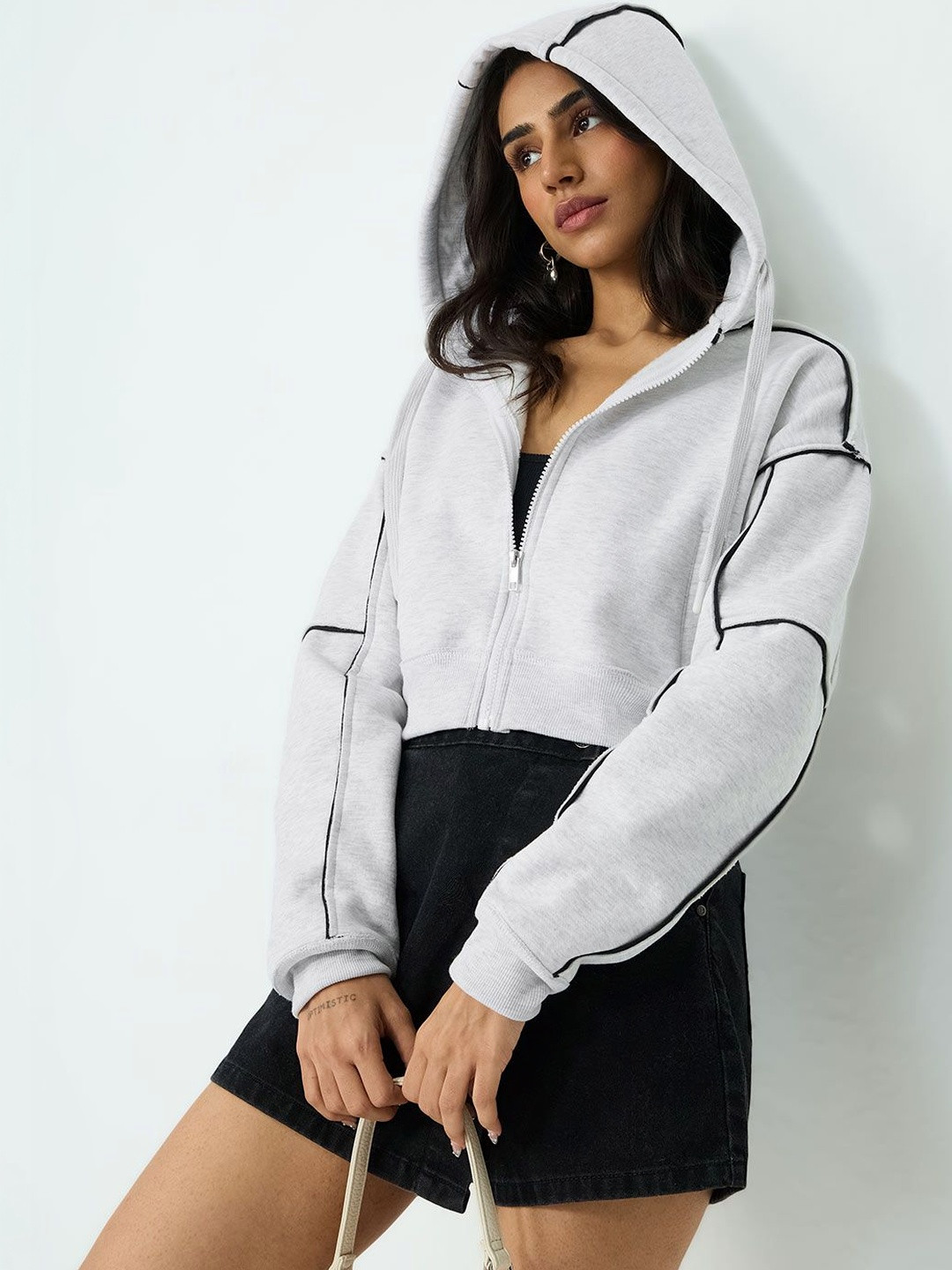 The Souled Store Women Oversized Fit Solid Grey Cropped Hoodies