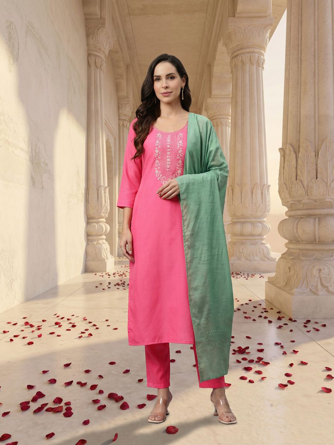 Yuris Floral Embroidered Sequinned Kurta with Trousers & Dupatta