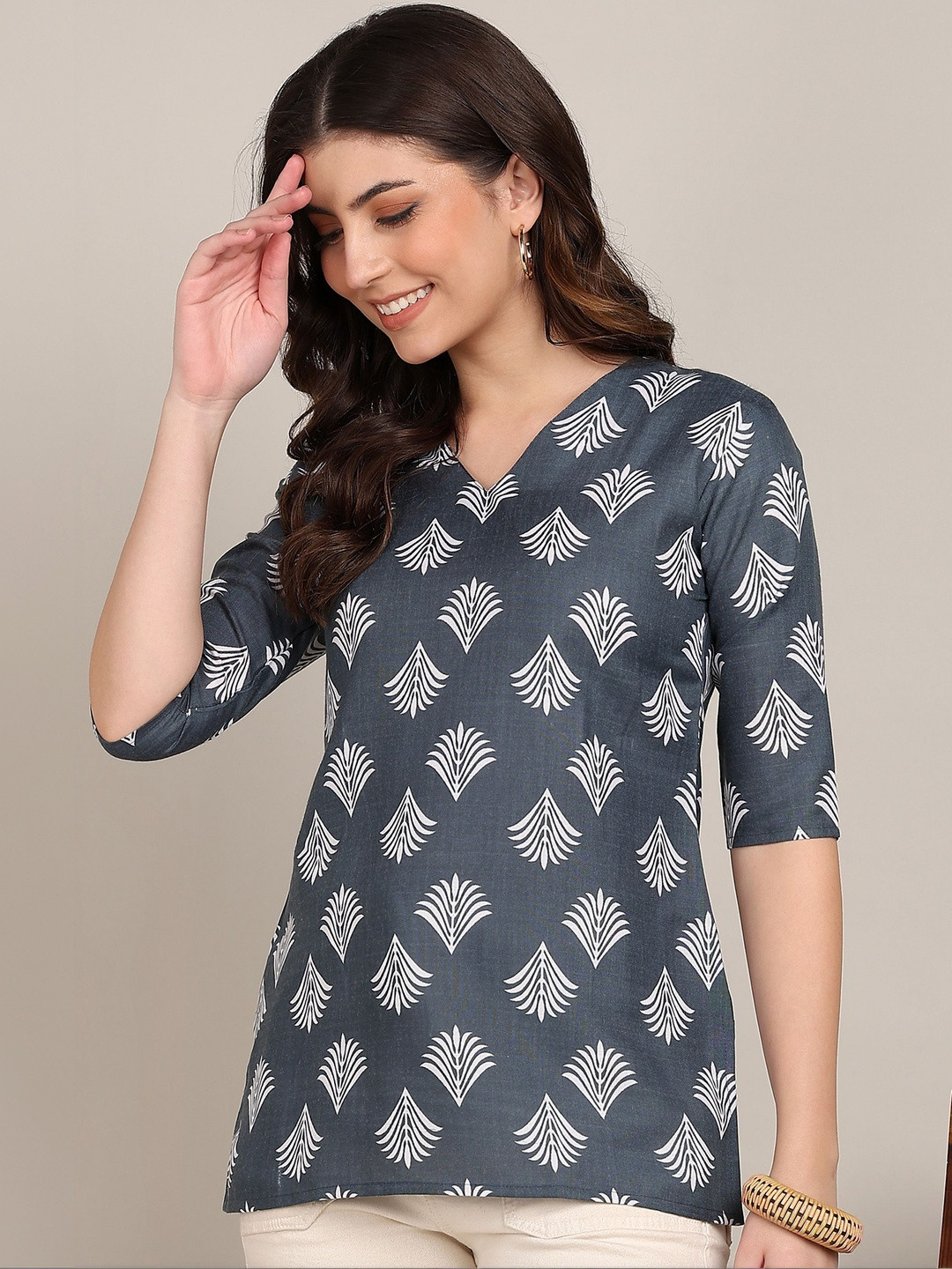 Grey Ethnic Motif V-Neck Cotton Top