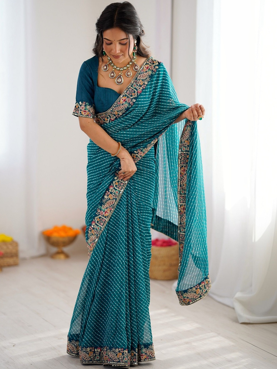 sareyavella Leheriya Embroidered Pure Georgette Heavy Work Bandhani Saree