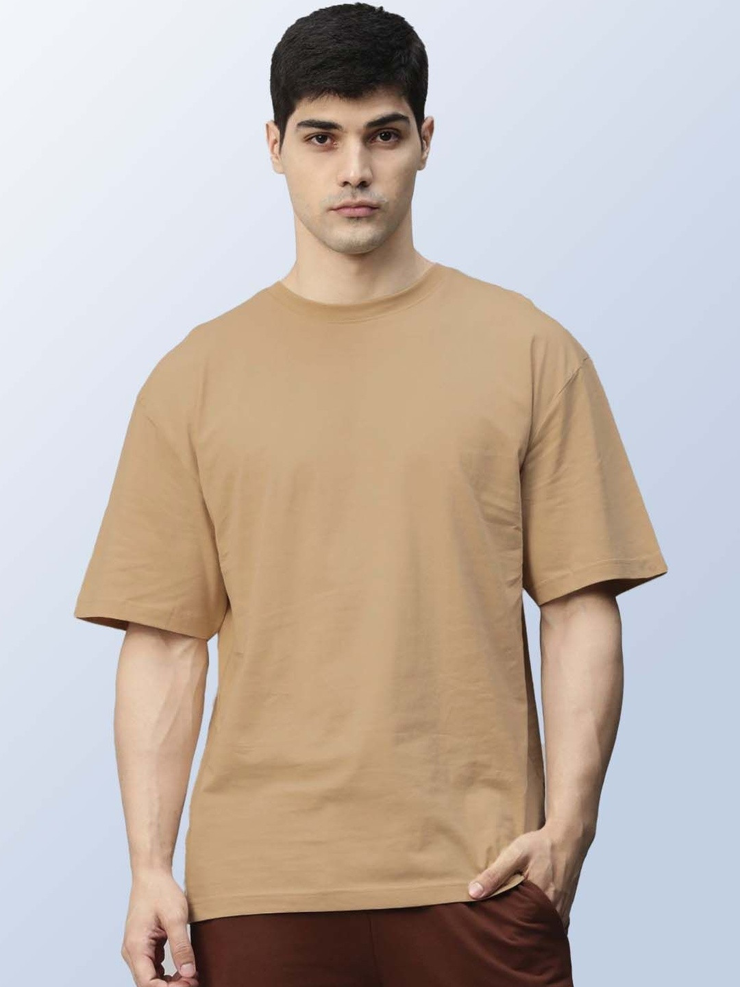 Beige Relaxed Fit Round Neck T-shirt with Drop-Shoulder Sleeves