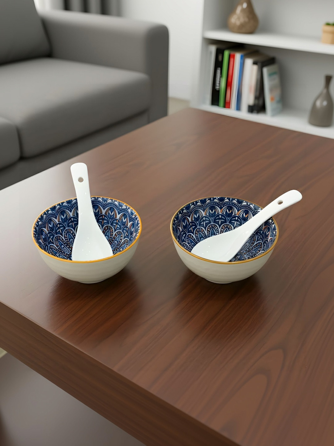 Femora Set of 2 Mediterranean Design Porcelain Bowls Microwave Safe