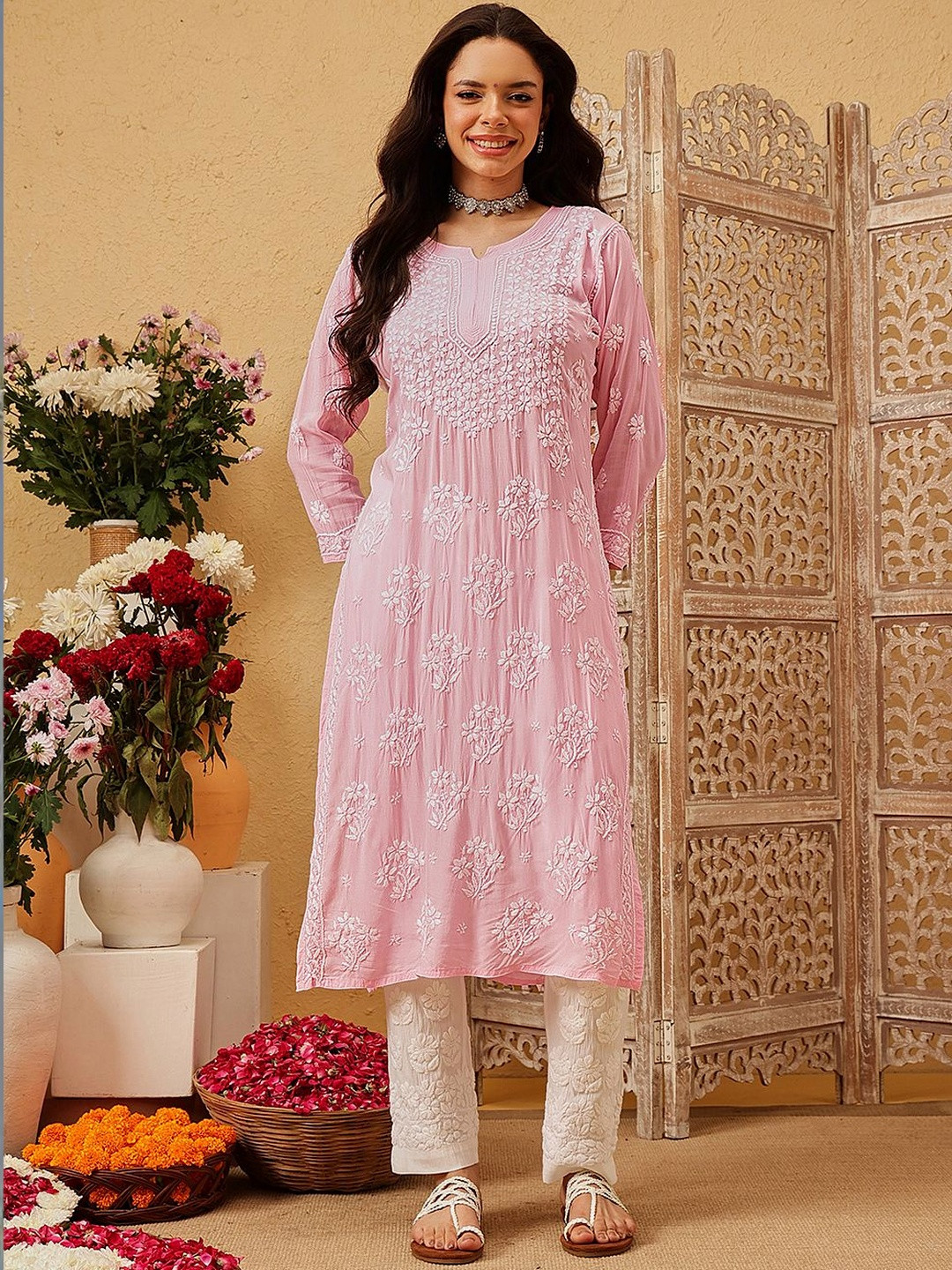 ADA Women Ethnic Motifs Embroidered Chikankari Floral Kurta