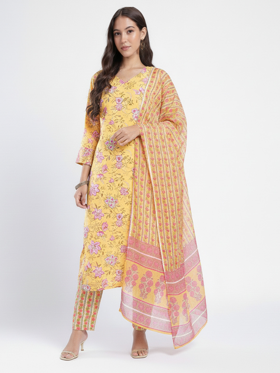 Anouk Rustic Floral Printed V-Neck Straight Kurta with Trousers & Dupatta