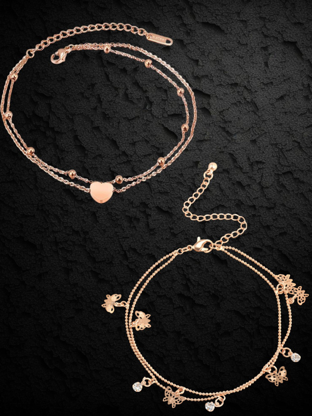 OOMPH Women Set of 2 Gold Tone Layered Butterfly & Heart Anklets
