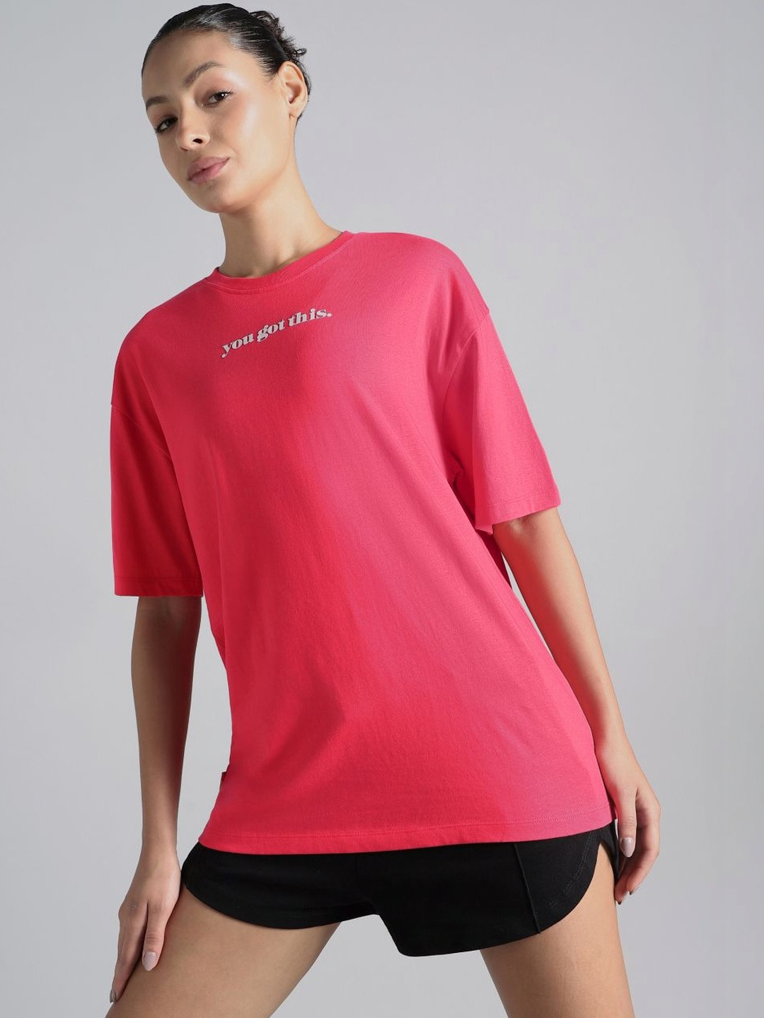 CULT Women Pink You Got This Puff Print Peach Oversized T-shirt