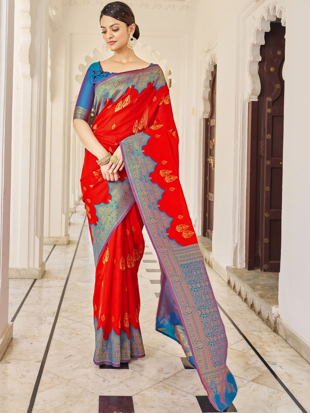 FABLAND Ethnic Motifs Zari Silk Blend Kanjeevaram Saree