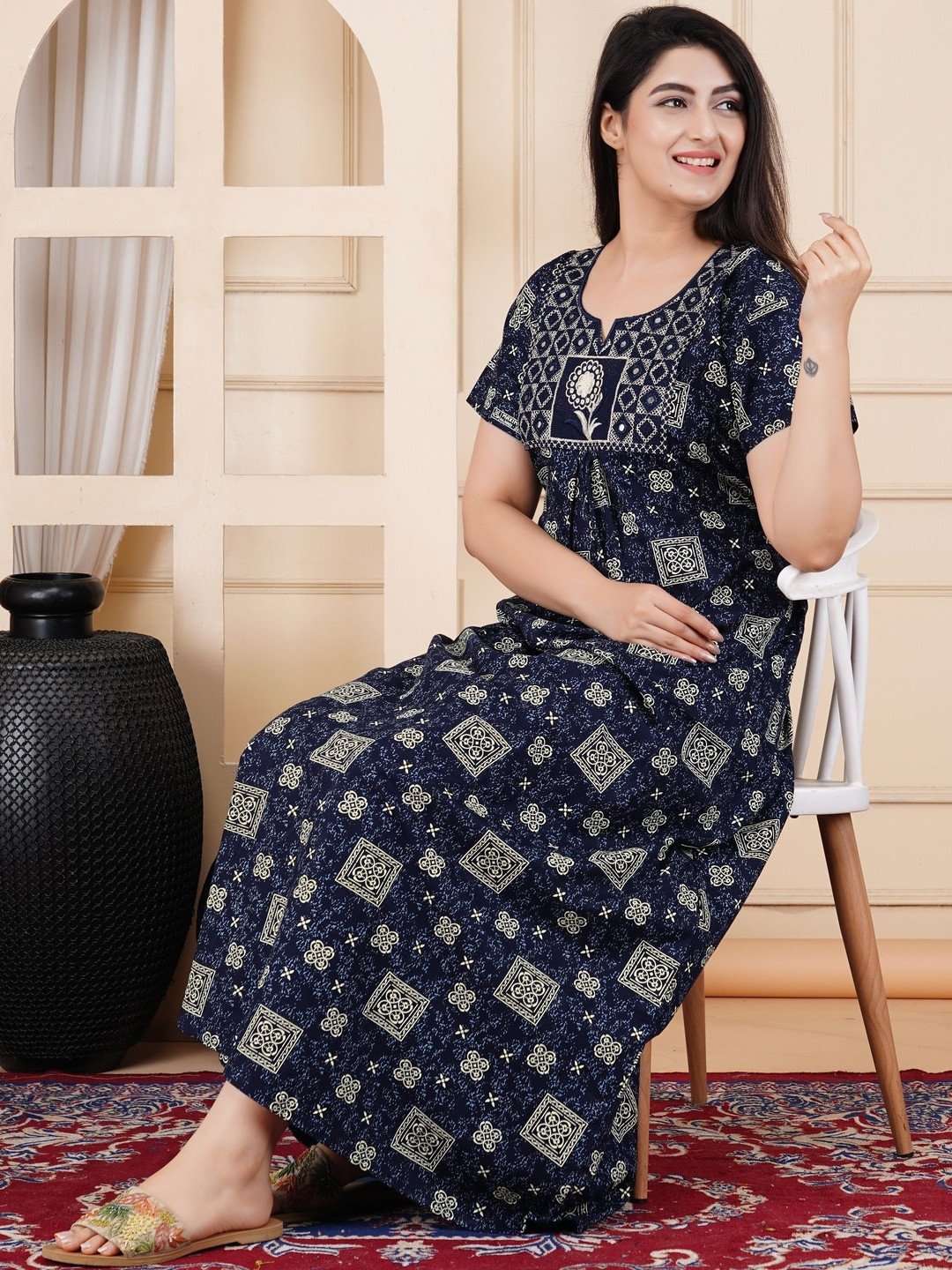 Serenita Women Printed Pure Cotton Full Length Maxi Night dress