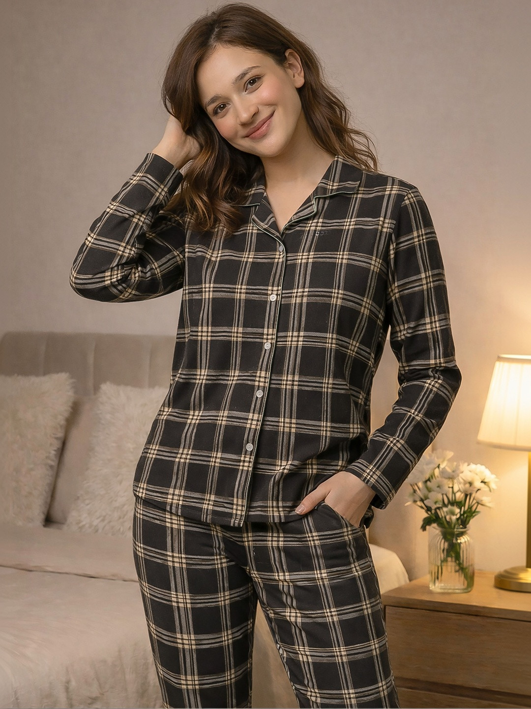 NAP STORY Women Brown Cocoa Checks F/S Night suit