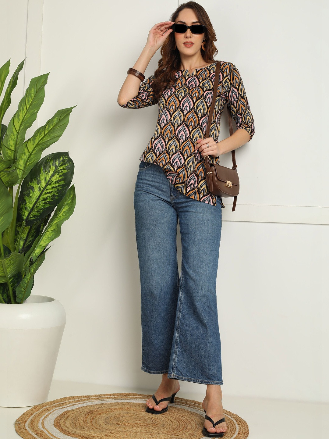 Multicoloured Abstract Round Neck Crepe Top