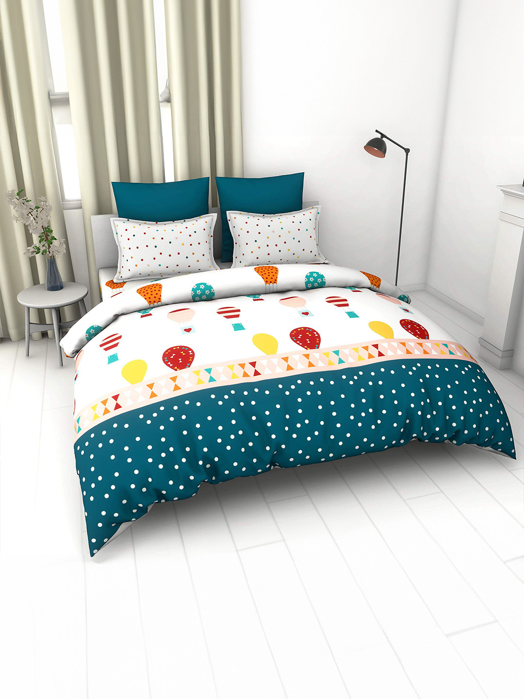 LORETO Multicoloured Conversational 144 TC Queen Bedsheet With 2 Pillow Covers