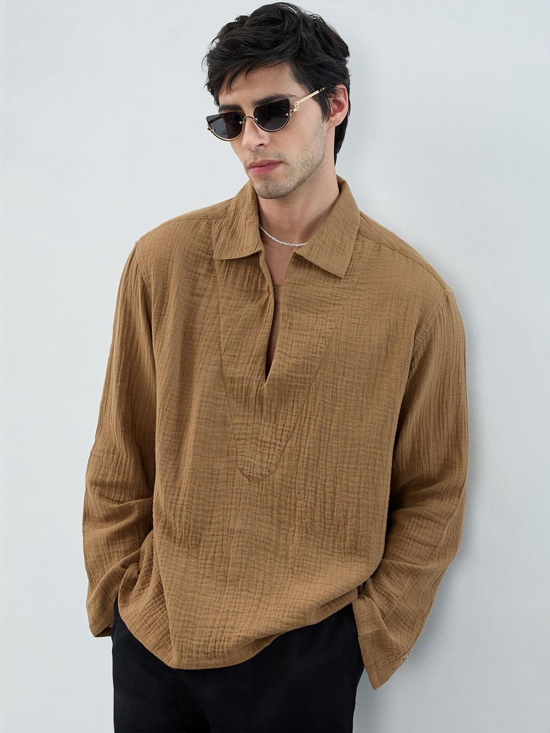 VASTRADO Warm Textured Cotton Long Sleeves Oversized Fit Shirt