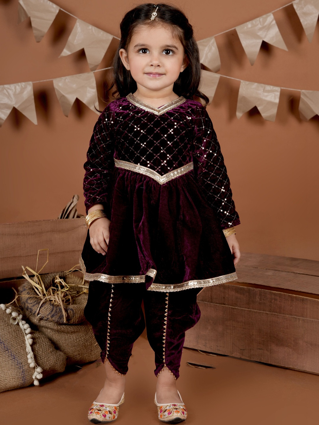 Titrit Girls Ethnic Motifs Embroidered Panelled Gotta Patti Velvet Kurta with Dhoti Pants
