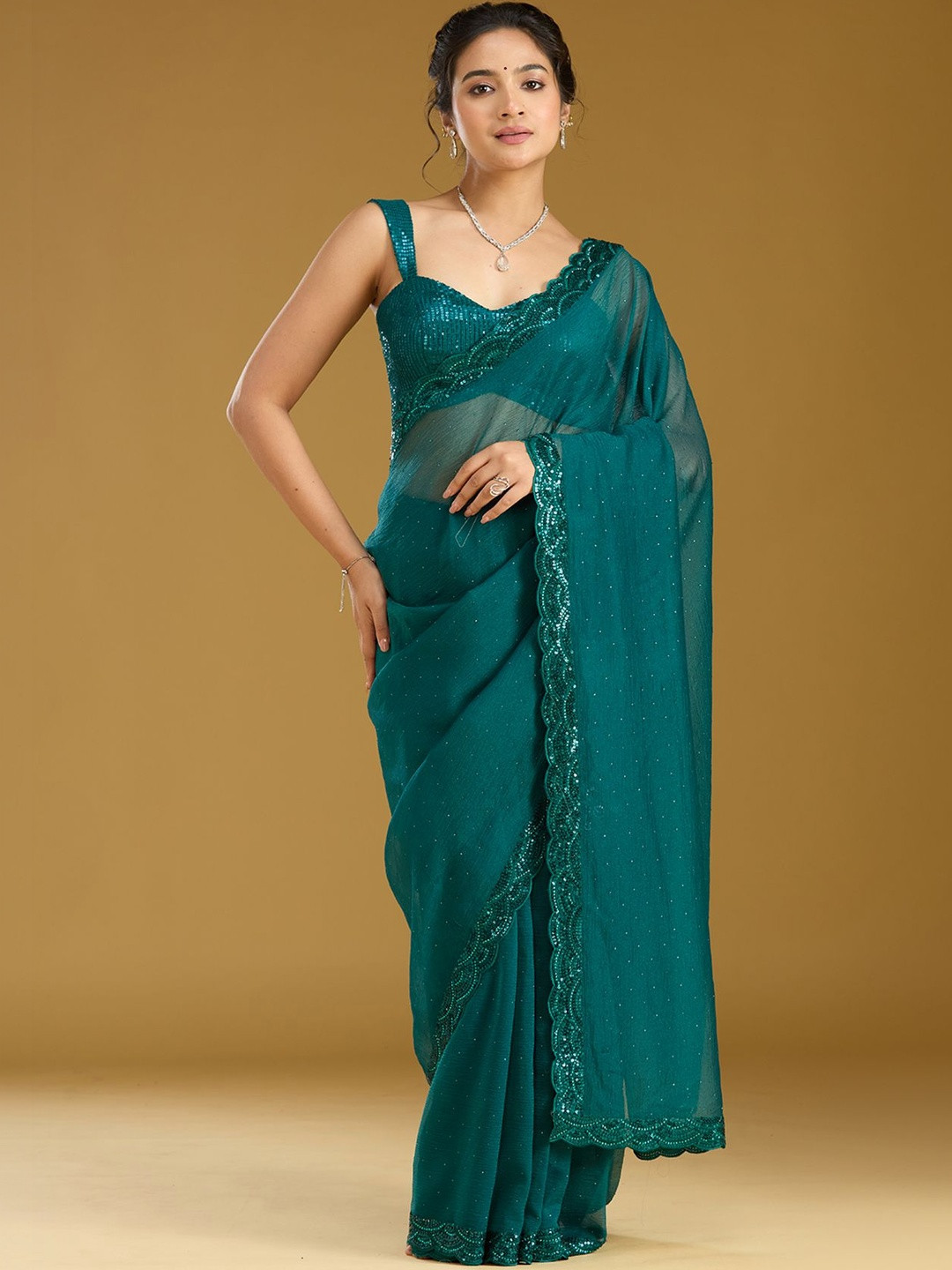Koskii Women Sequins Teal Green Chiffon Saree With Unstitched Blouse