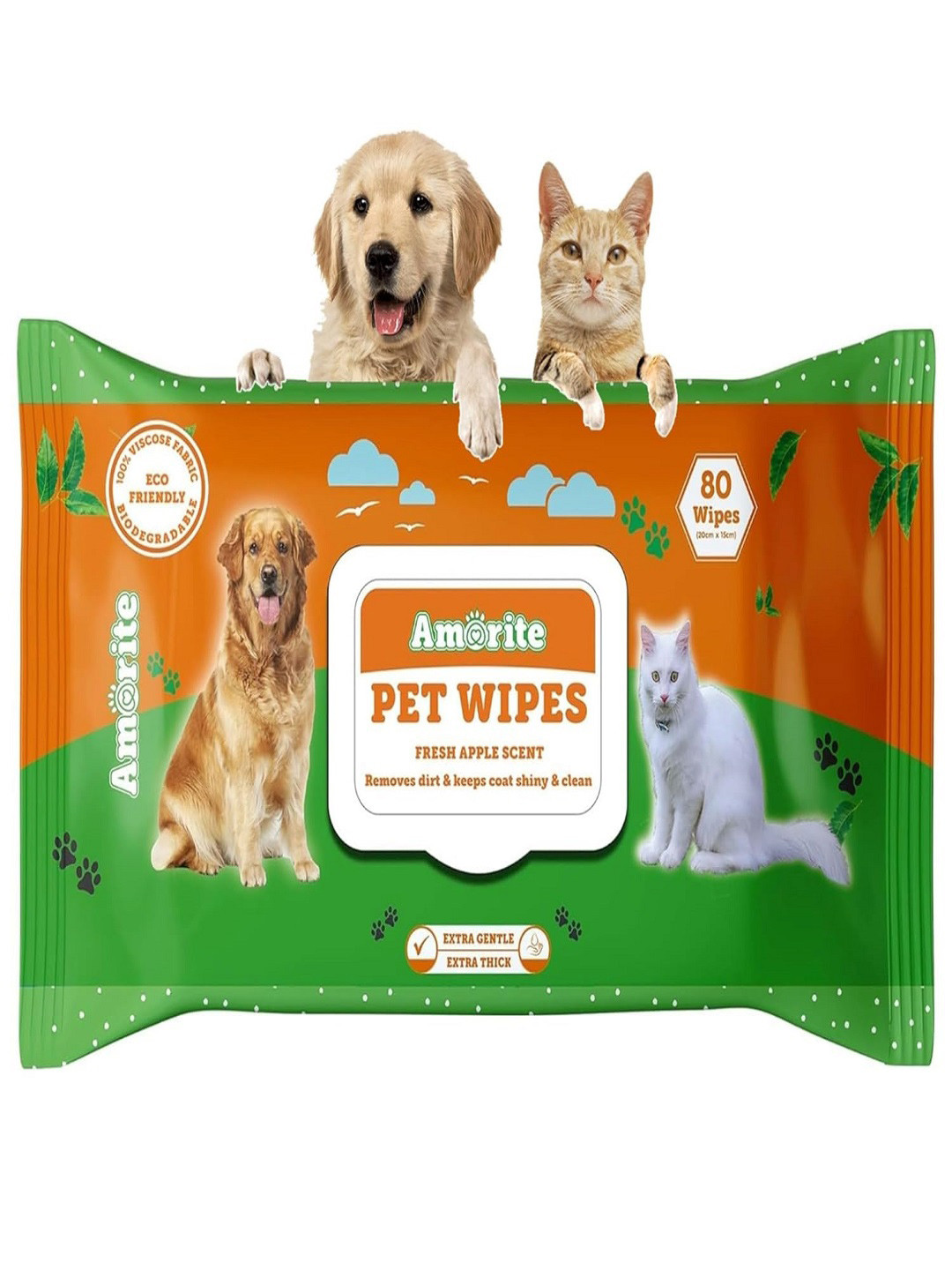 AMORITE Anti-Bacterial Wet Wipes With Fresh Apple Scent For Dogs, Puppies and Pets (80 Wipes)