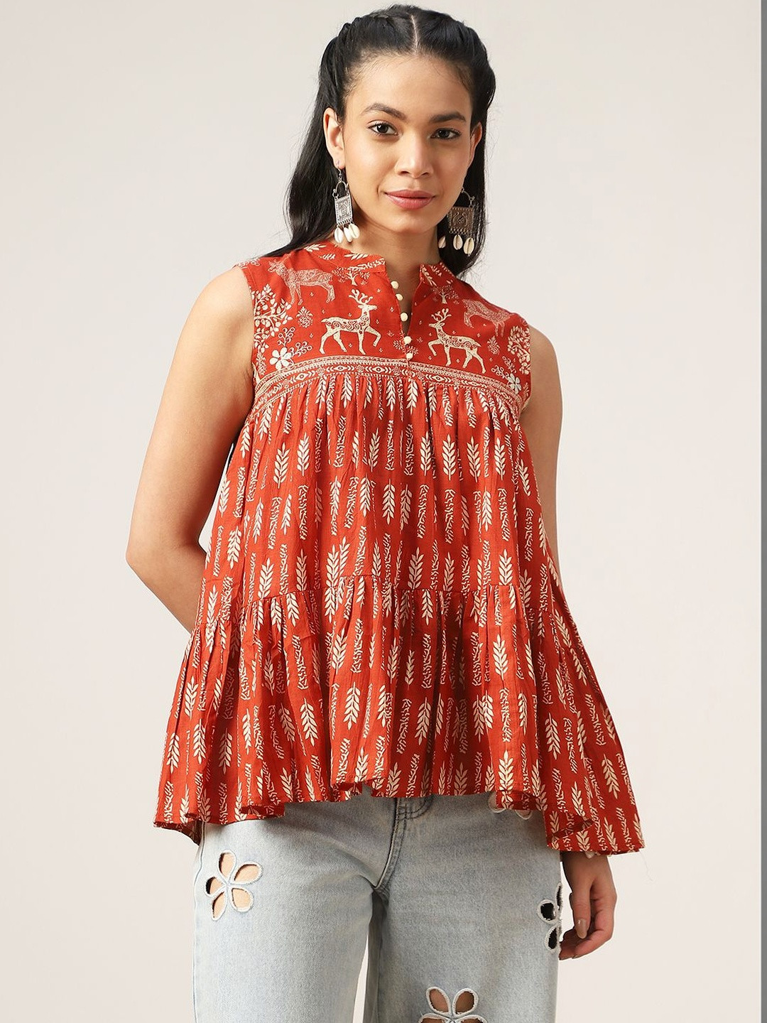 KIMAYRA Print Mandarin Collar Ethnic Cotton Top