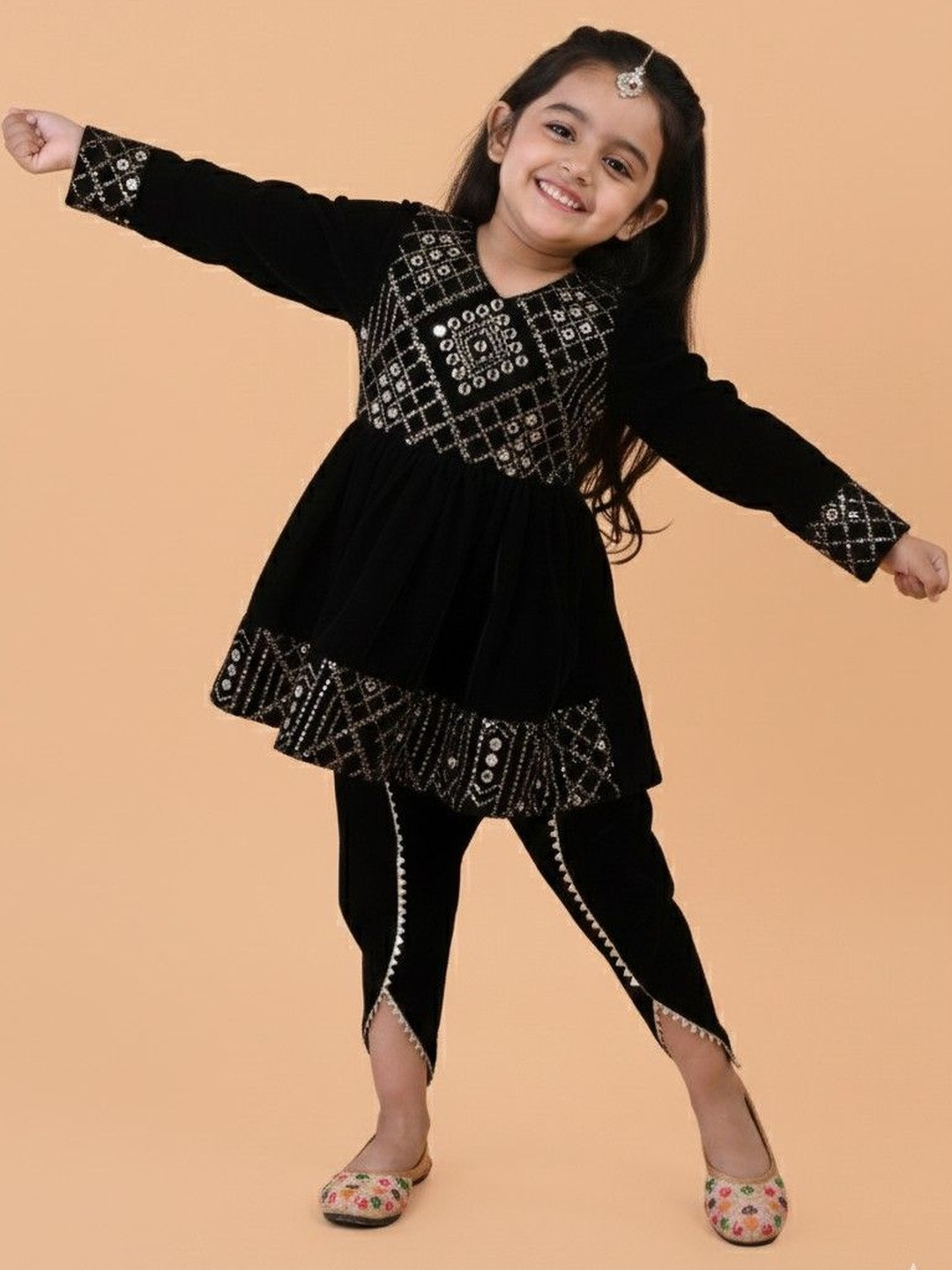 Titrit Girls Embroidered Tiered Mirror Work Velvet Kurti with Dhoti Pants