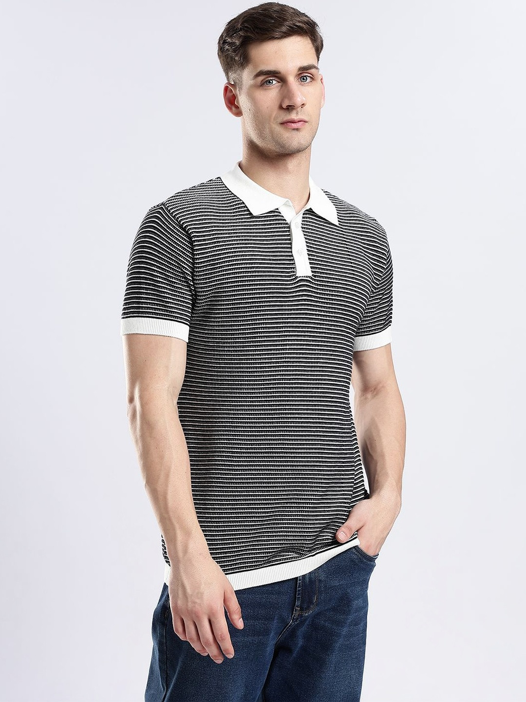 VELLURE Mens Half-Sleeve Striped Polo T-Shirt Pure Cotton